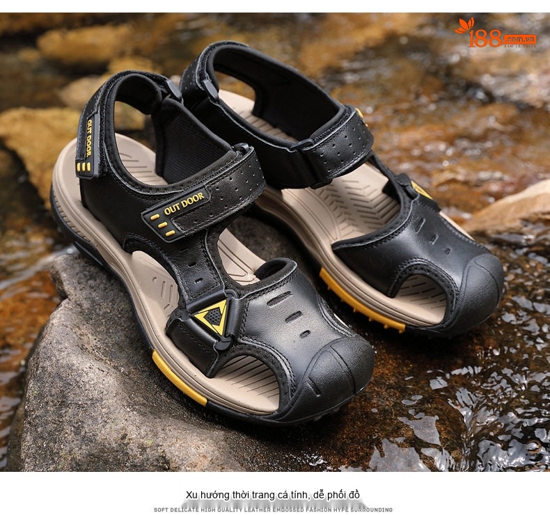 Dép Sandal Nam Da Thật Quai Dán Đế Cao Su Chống Trượt Bít Mũi Đi Biển, Đi Phượt (đế cao 3 cm) chi tiết 20
