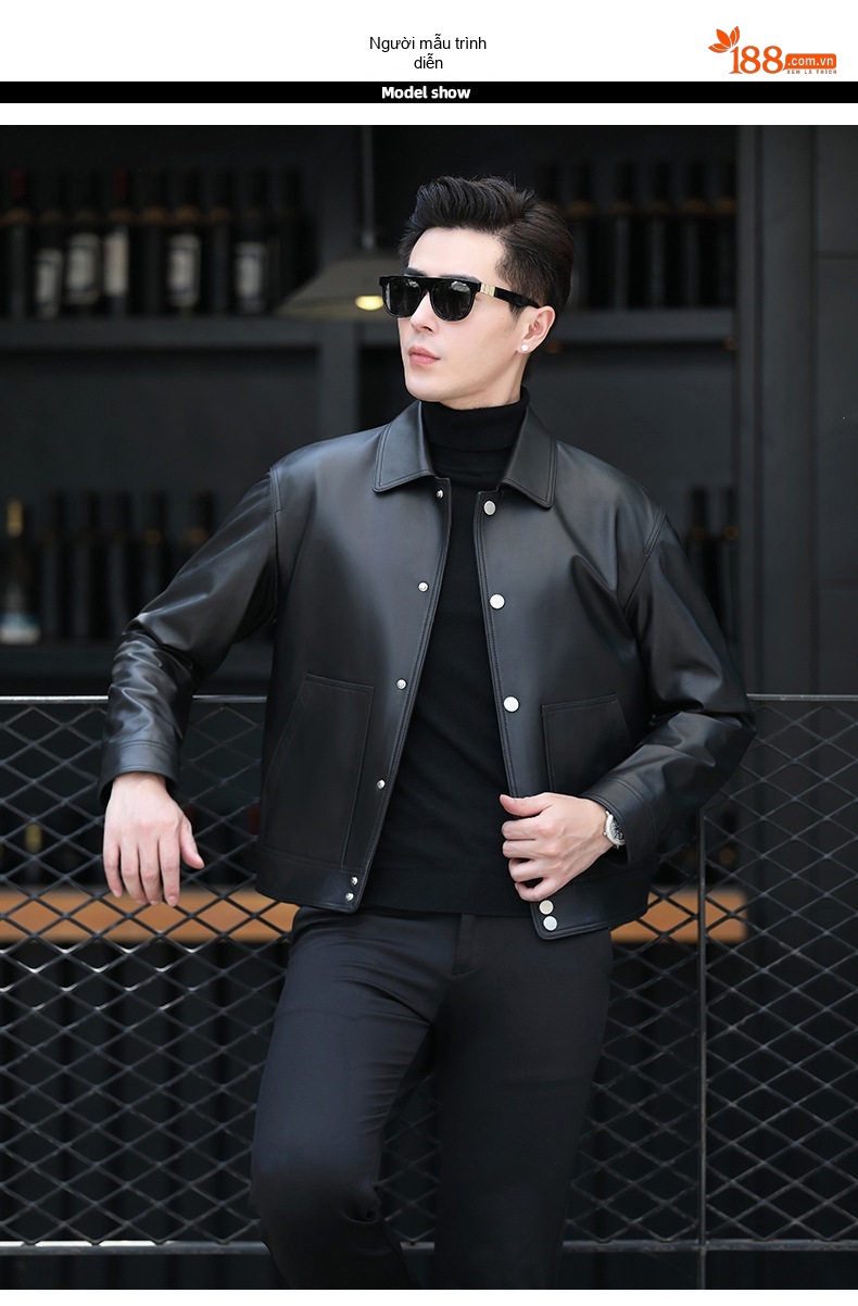 Áo Khoác Da Cừu Nam Cổ Bẻ Kiểu Bomber Màu Đen chi tiết 3