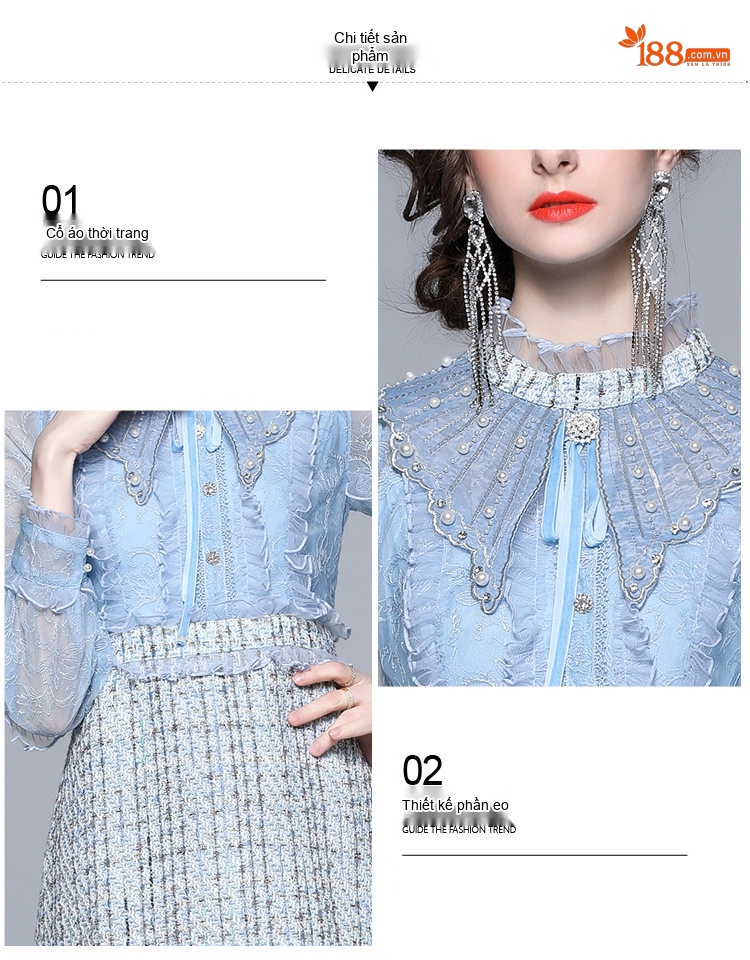 Đầm Xòe Nữ Cổ Ren Đính Cườm Tay Dài Họa Tiết Hoa Nổi Màu Xanh, Trắng chi tiết 8