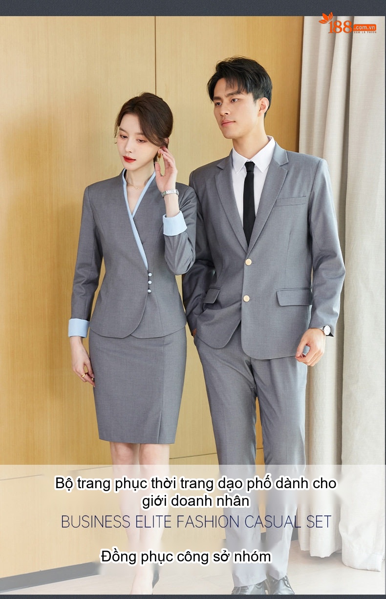 Bộ Vest Công Sở Nữ Lễ Tân Khách Sạn Thiết Kế Mới Thanh Lịch Màu Xanh Navy, Xám chi tiết 3