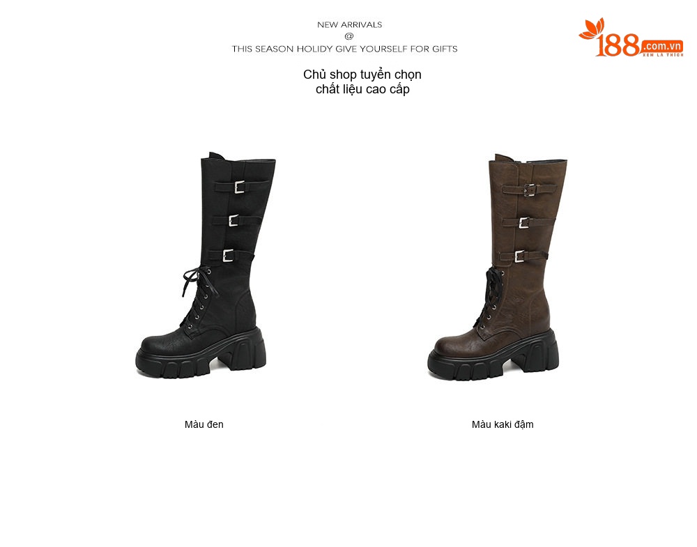 Boot Nữ Da Bò Cổ Cao Thắt Dây Khóa Cài Chiều Cao Đế Khoảng 10cm Màu Đen, Nâu chi tiết 2