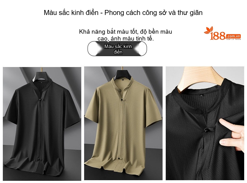 Áo Thun Nam Tay Ngắn Cổ Tàu Dáng Rộng Phong Cách Trung Hoa Màu Be, Đen chi tiết 9