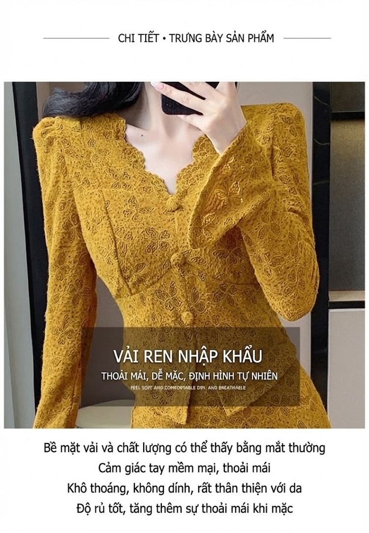 Set Áo Khoác và Chân Váy Dáng Dài Nữ Phong Cách Tiểu Thư Thanh Lịch Màu Vàng, Trắng chi tiết 4