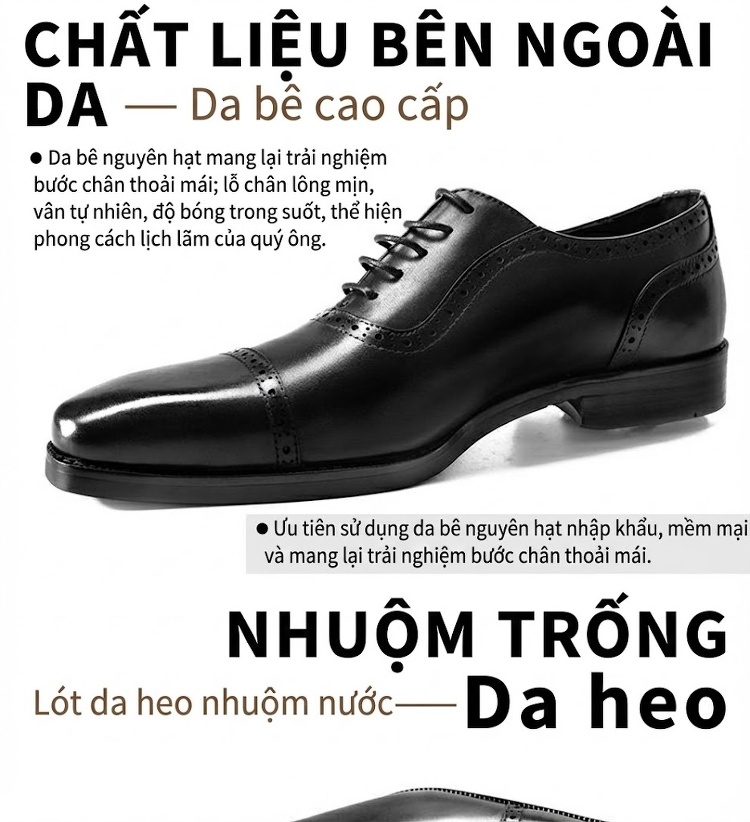 Giày Tây Oxford Buộc Dây Nam Da Bóng Chiều Cao Đế Khoảng 3cm Màu Đen, Nâu chi tiết 4