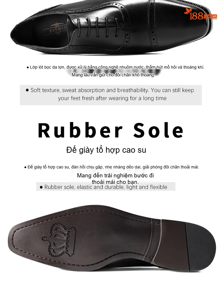 Giày Tây Oxford Buộc Dây Nam Da Bóng Chiều Cao Đế Khoảng 3cm Màu Đen, Nâu chi tiết 5
