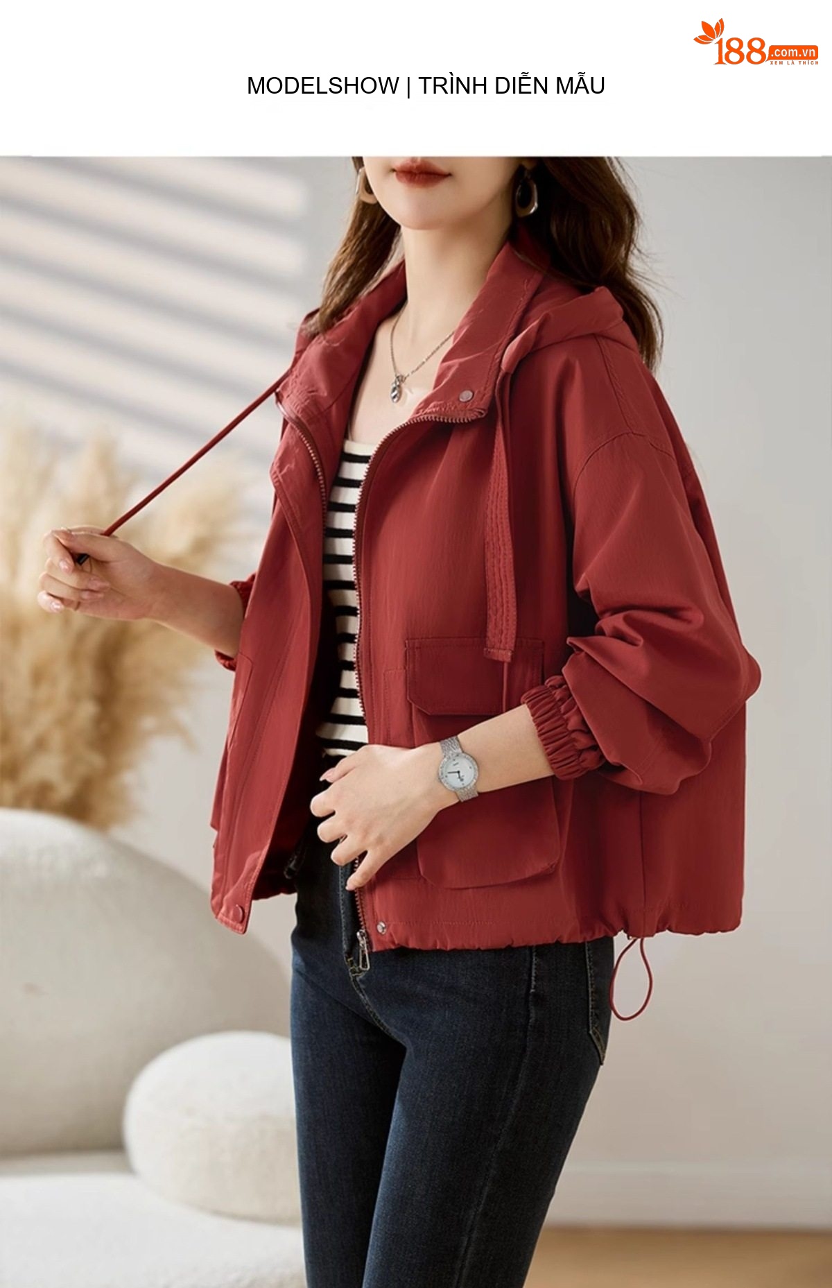 Áo Khoác Gió Nữ Form Ngắn Thiết Kế Túi Hộp Phong Cách Casual Màu Đỏ Gạch, Đen, Kem chi tiết 22