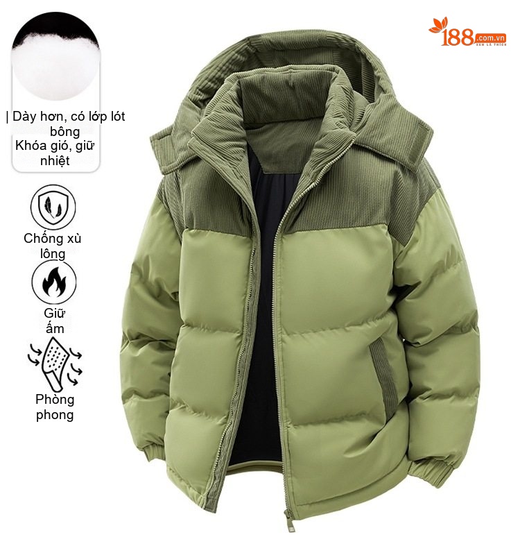 Áo Khoác Phao Nam Nữ Cotton Lót Dày Mũ Rời Chất Liệu Vải Lanh Màu Be, Đen, Xanh Lá, Hồng... chi tiết 1