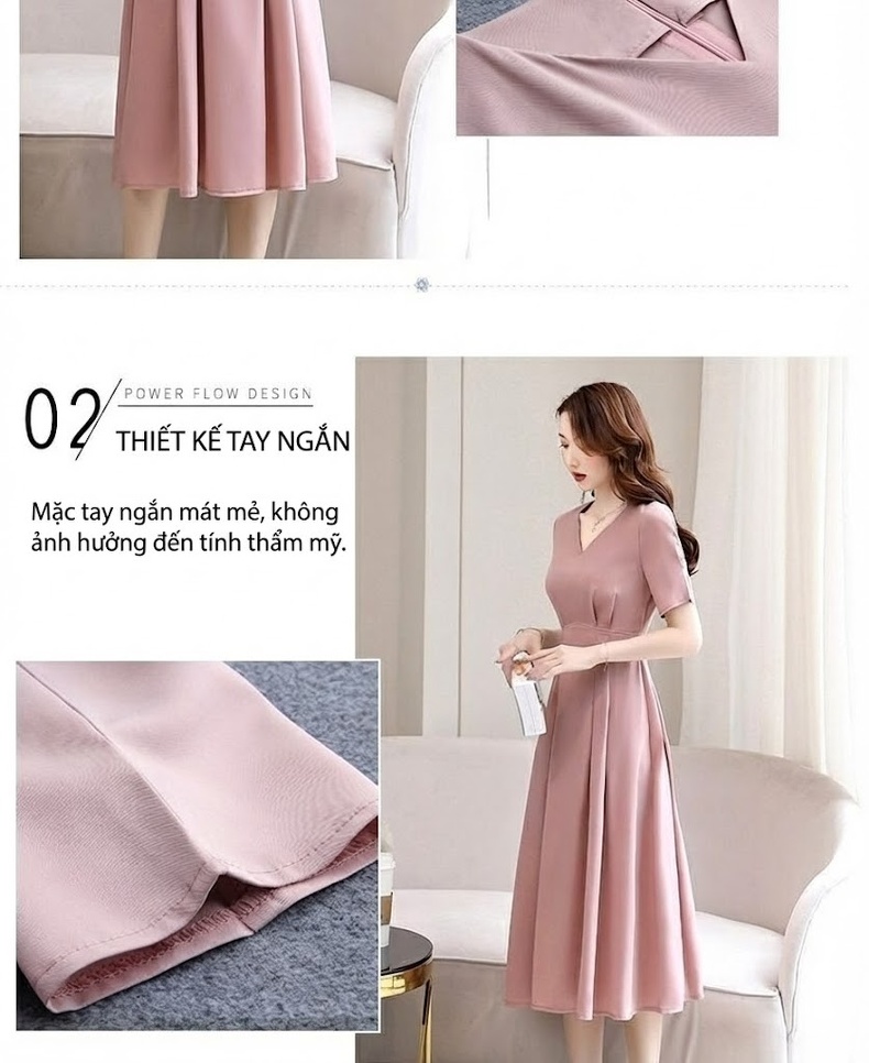Váy Xòe Chữ A Cổ chữ V Tay Ngắn Thanh Lịch Màu Đen, Hồng, Xanh Mint chi tiết 6
