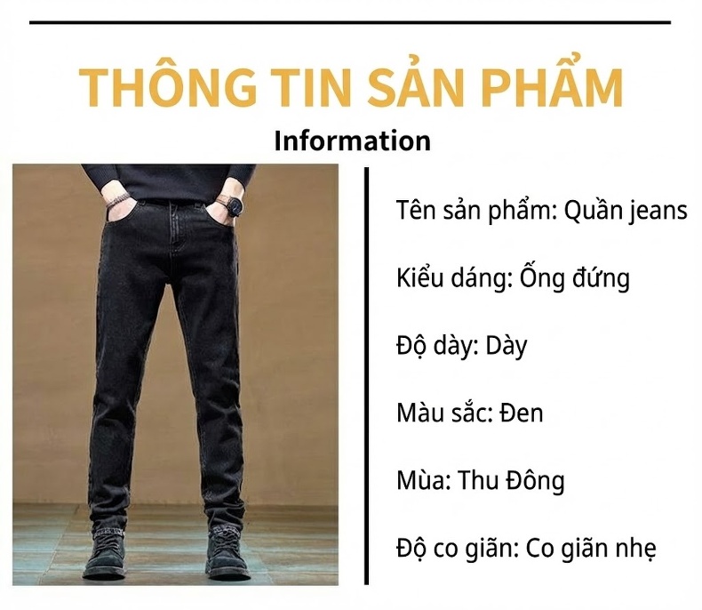 Quần Jean Nam Ống Đứng Co Giãn Mềm Mại Lót Lông Cừu Dày Dặn Màu Đen, Xanh chi tiết 13