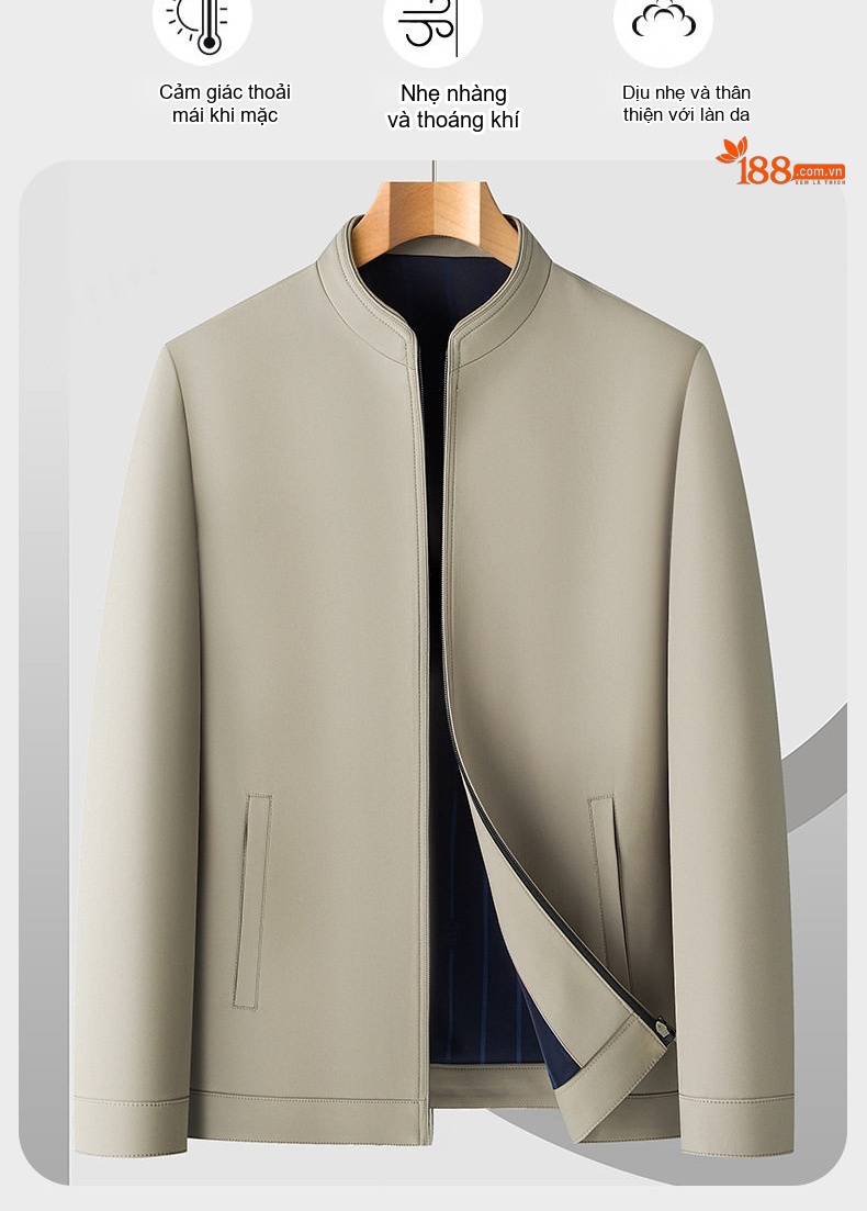 Áo Khoác Bomber Nam Cổ Trụ Công Sở Thu Đông Màu Đen, Xám, Xanh Navy, Be chi tiết 1