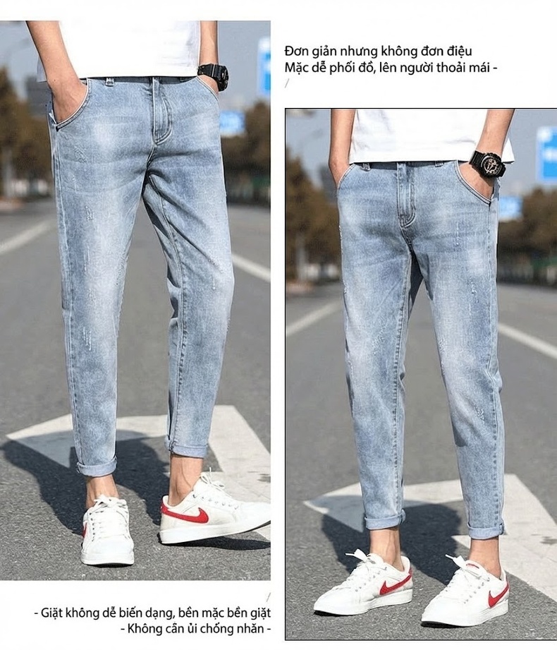 Quần Jean Nam Dáng Slim Fit Ống Lửng Phong Cách Casual Màu Xanh chi tiết 6