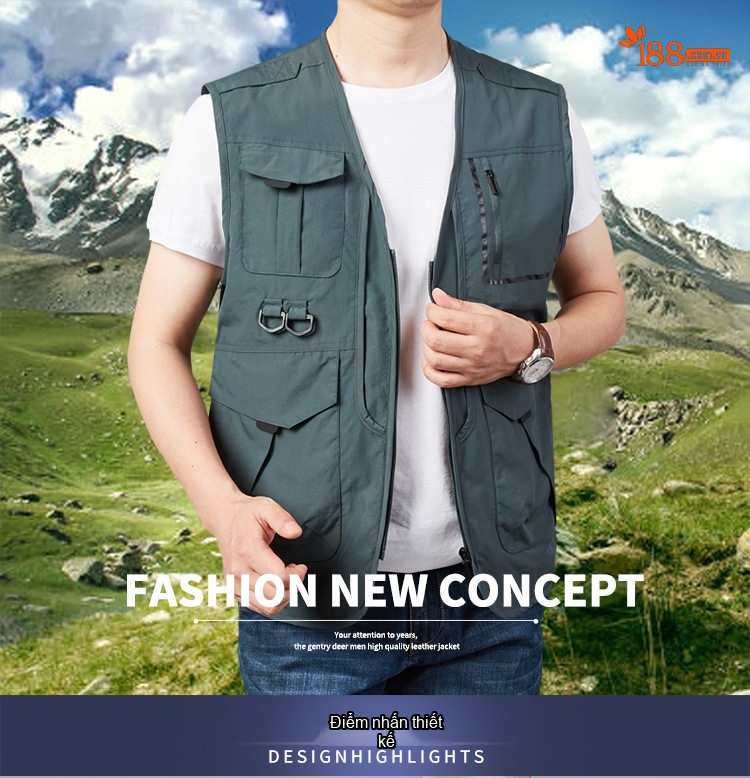 Áo Gile Nam Túi Hộp Outdoor Phong Cách Thể Thao Màu Xanh Rêu, Xanh Navy, Nâu, Đen chi tiết 1