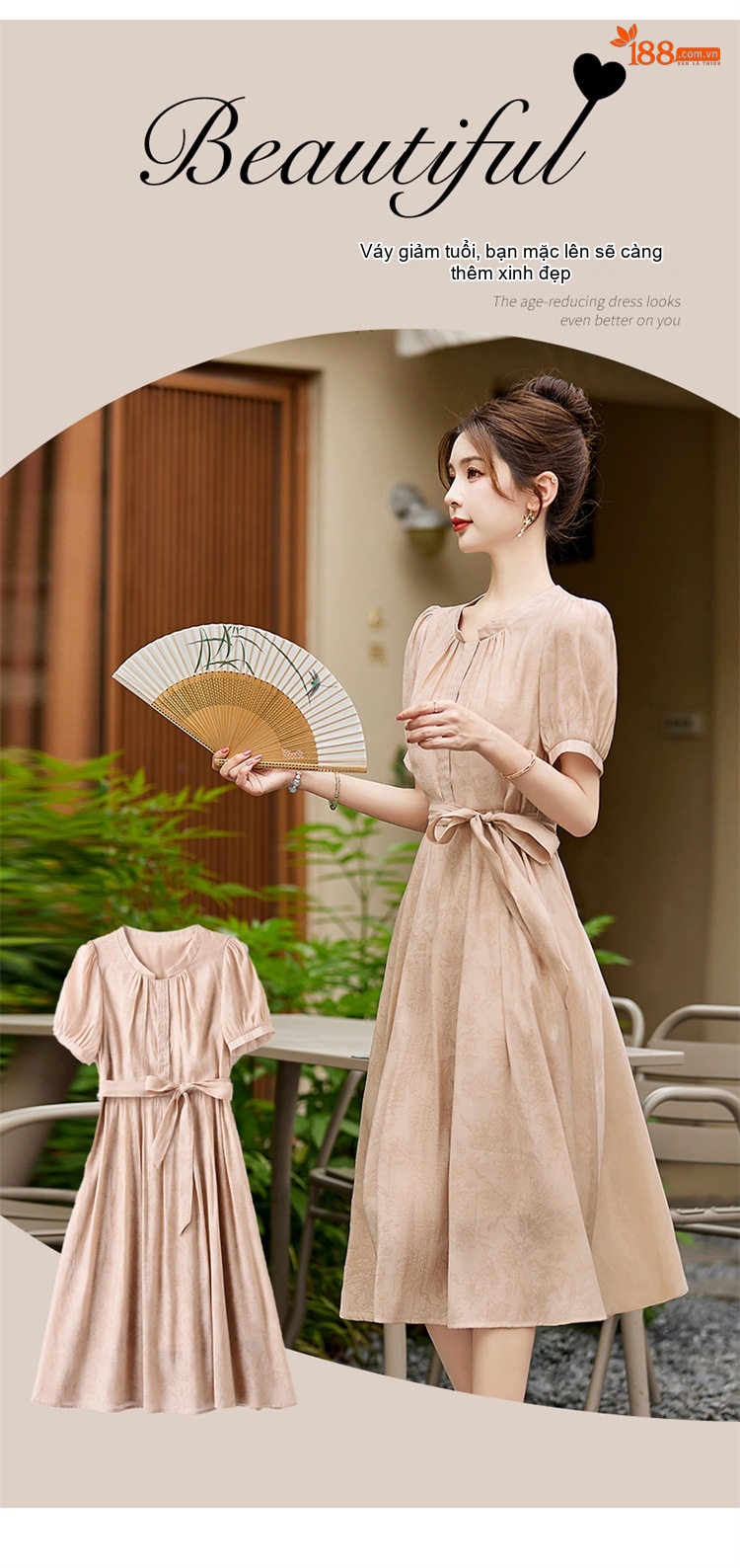 Váy liền thân Nữ Dáng Dài Cổ Điển Thắt Eo Tay Ngắn Họa Tiết Màu Xanh, Nâu chi tiết 4