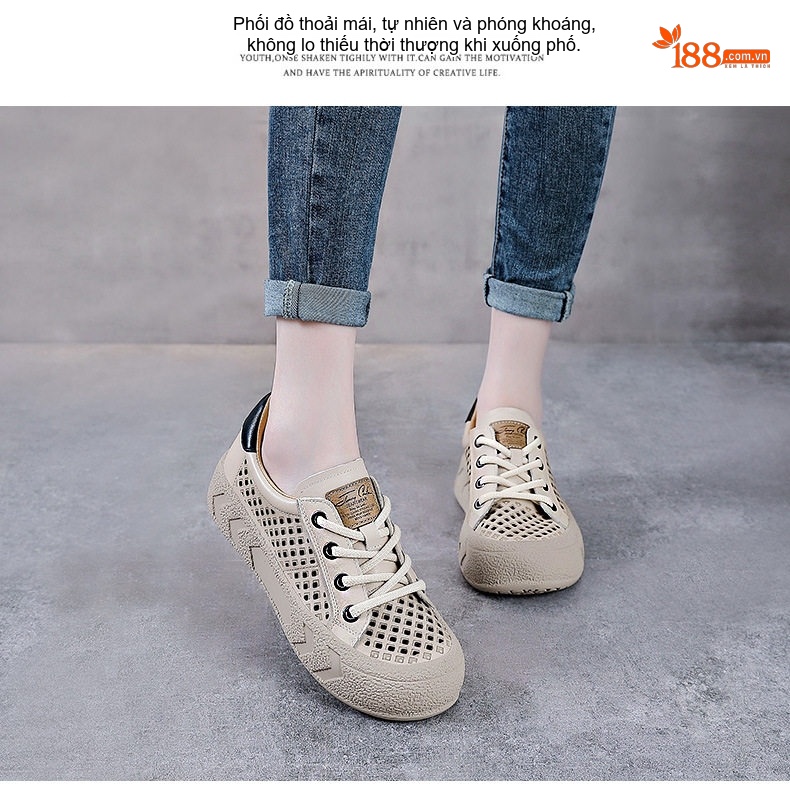 Giày Búp Bê Nữ Da Bò Lỗ Thoáng Khí Đế Bằng Đế Cao 3cm - 4cm Màu Kem, Hồng chi tiết 15