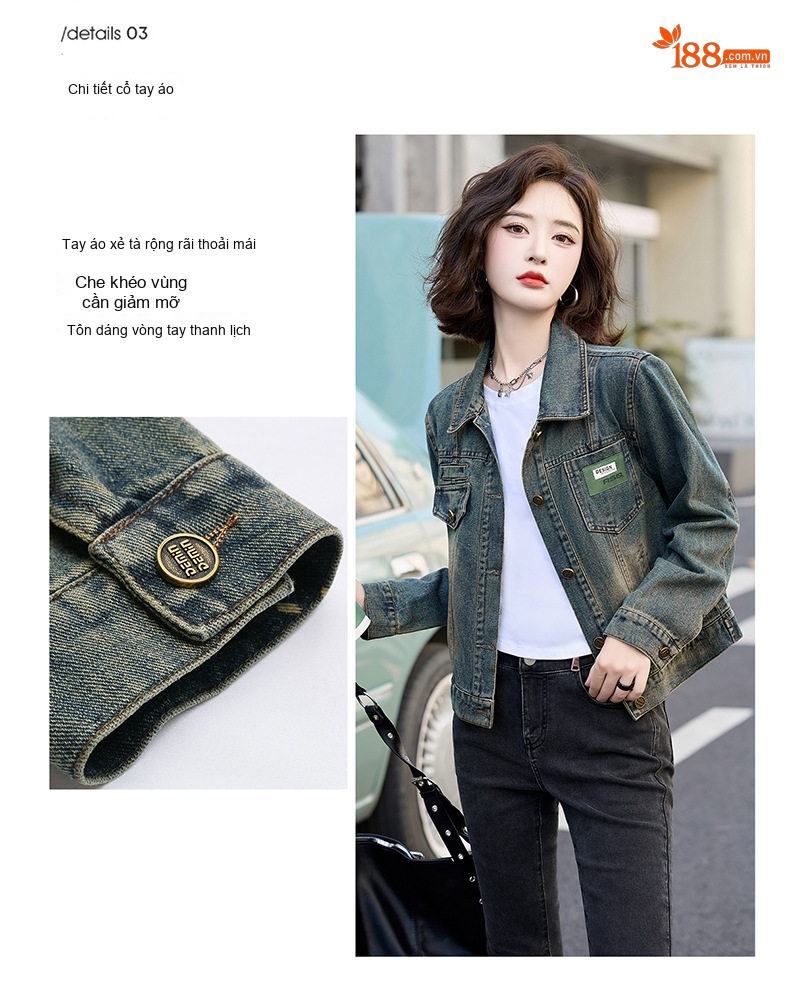 Áo Khoác Jean Nữ Dáng Ngắn Trẻ Trung Phong Cách Retro Màu Xanh Jean, Đen chi tiết 13