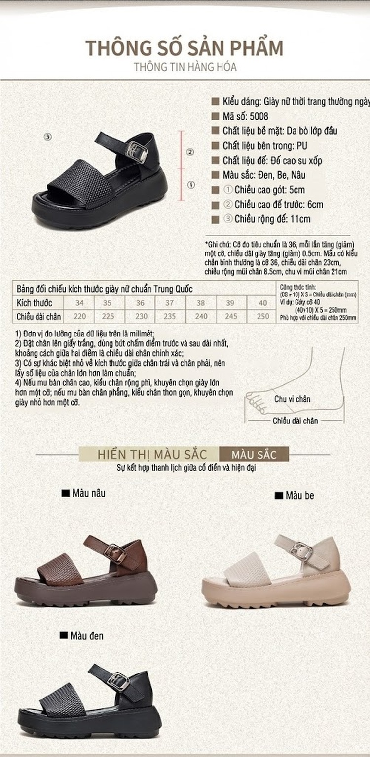 Dép Sandal Nữ Da Bò Hở Mũi Thoáng Khí Quai Hậu Khóa Cài Đế Cao 4cm - 5cm Màu Đen, Nâu, Kem chi tiết 2