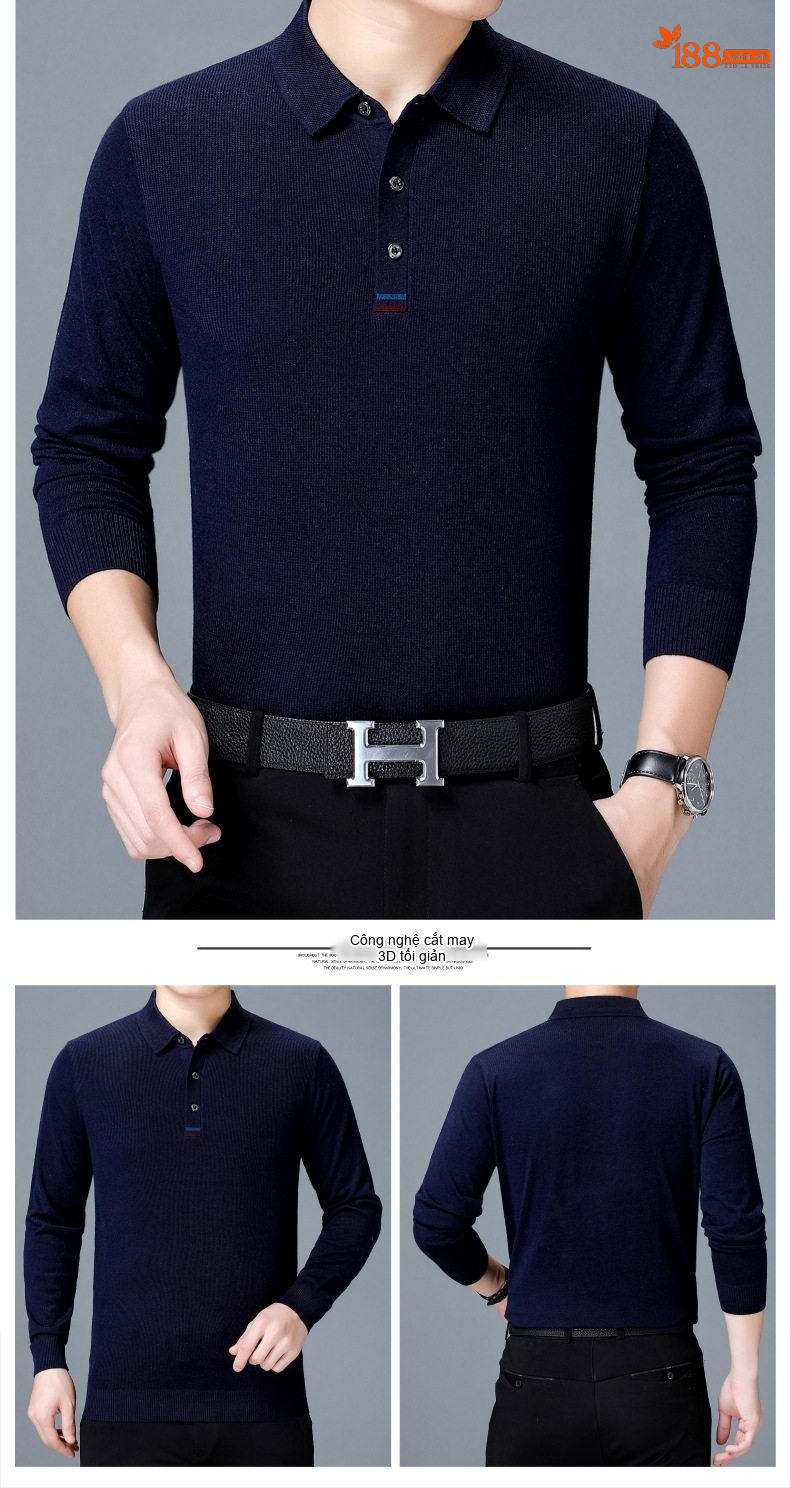 Áo Thun Polo Nam Dài Tay Dệt Kim Cashmere Phong Cách Doanh Nhân Màu Đỏ Rượu, Xám, Xanh Dương, Xanh Lá... chi tiết 11
