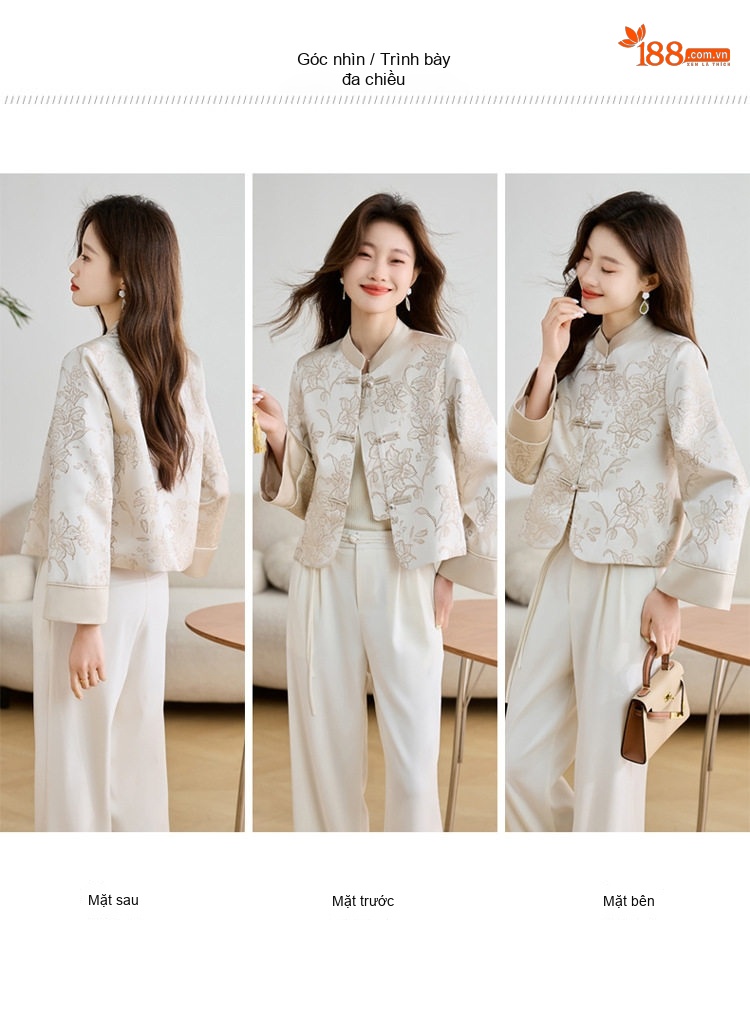 Áo Khoác Nữ Trung Hoa Cách Tân Phong Cách Quốc Dân Vải Satin Kiểu Áo Sườn Xám Thanh Lịch Màu Hồng, Kem chi tiết 9