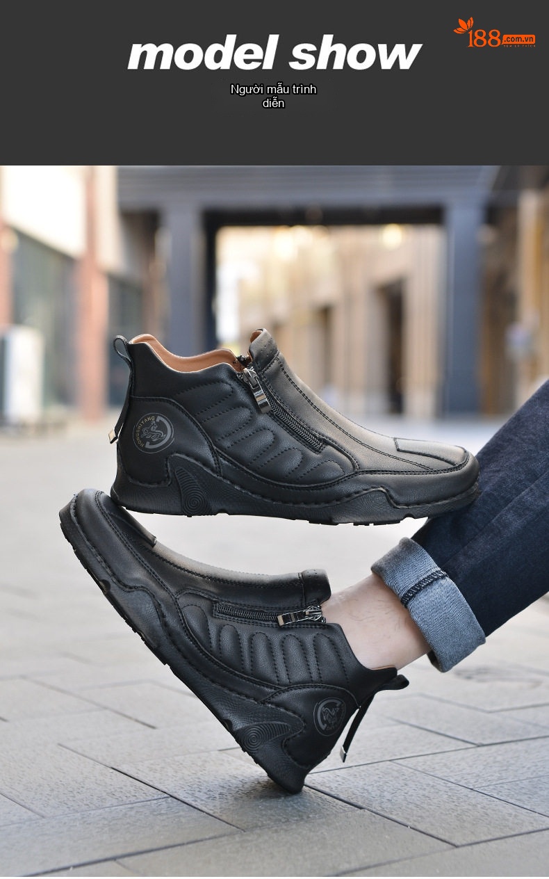 Giày Boot Nam Cổ Cao Khóa Kéo Bên Chiều Cao Đế Khoảng 3cm Màu Đen, Xanh Dương, Nâu chi tiết 12