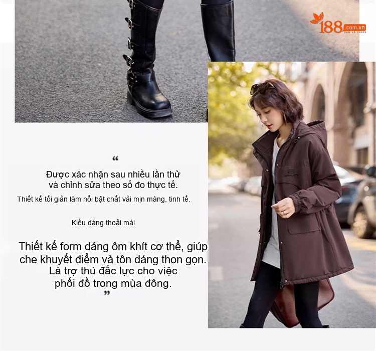 Áo Khoác Parka Nữ Cotton Lót Lông Dày Dặn Dáng Dài Giữ Ấm Màu Đỏ Ancola, Nâu, Đen chi tiết 6