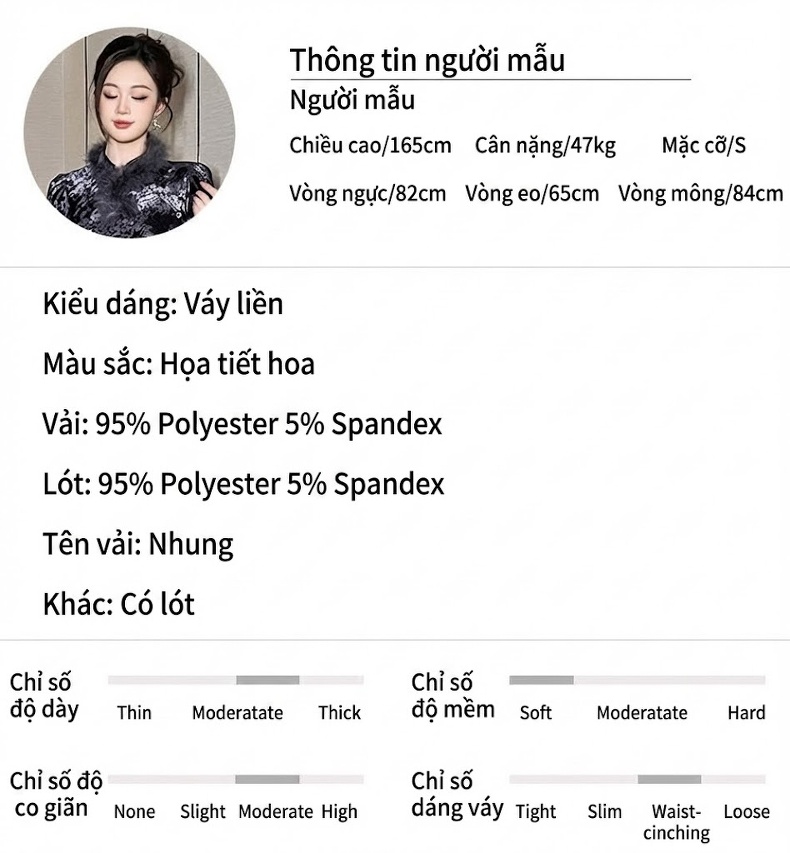 Váy Đầm Nữ Kiểu Sườn Xám Cổ Điển Thiết Kế Ôm Dáng Nhung Gân Phong Cách Trung Hoa Màu Đen chi tiết 2