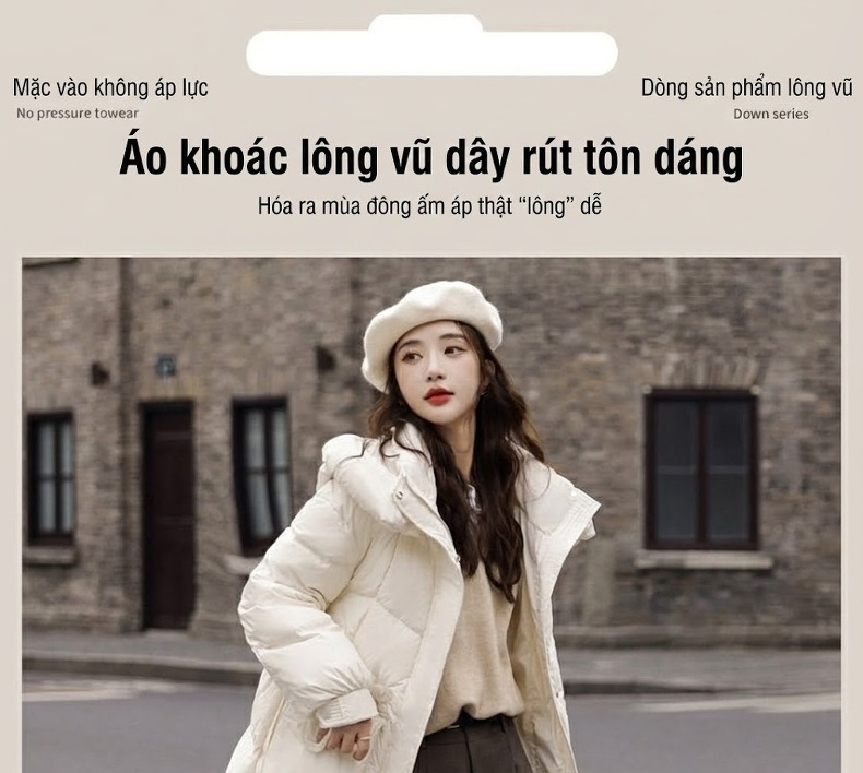 Áo Khoác Phao Nữ Dáng Dài Vừa Người, Ôm Eo, Phong Cách Hàn Quốc Màu Trắng Kem, Đen, Be, Hồng chi tiết 1