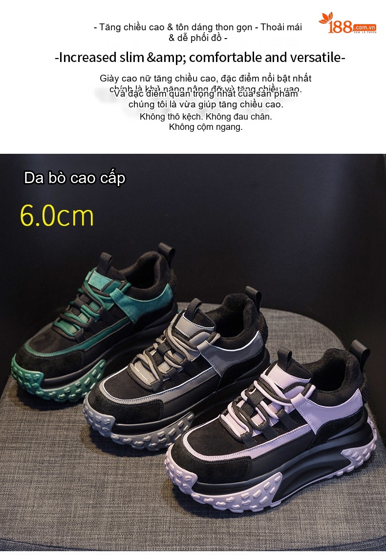 Giày Thể Thao Nữ Da Mờ Lót Lông Chiều Cao Đế Khoảng 5cm Màu Đen, Xám, Tím, Xanh Lá chi tiết 2