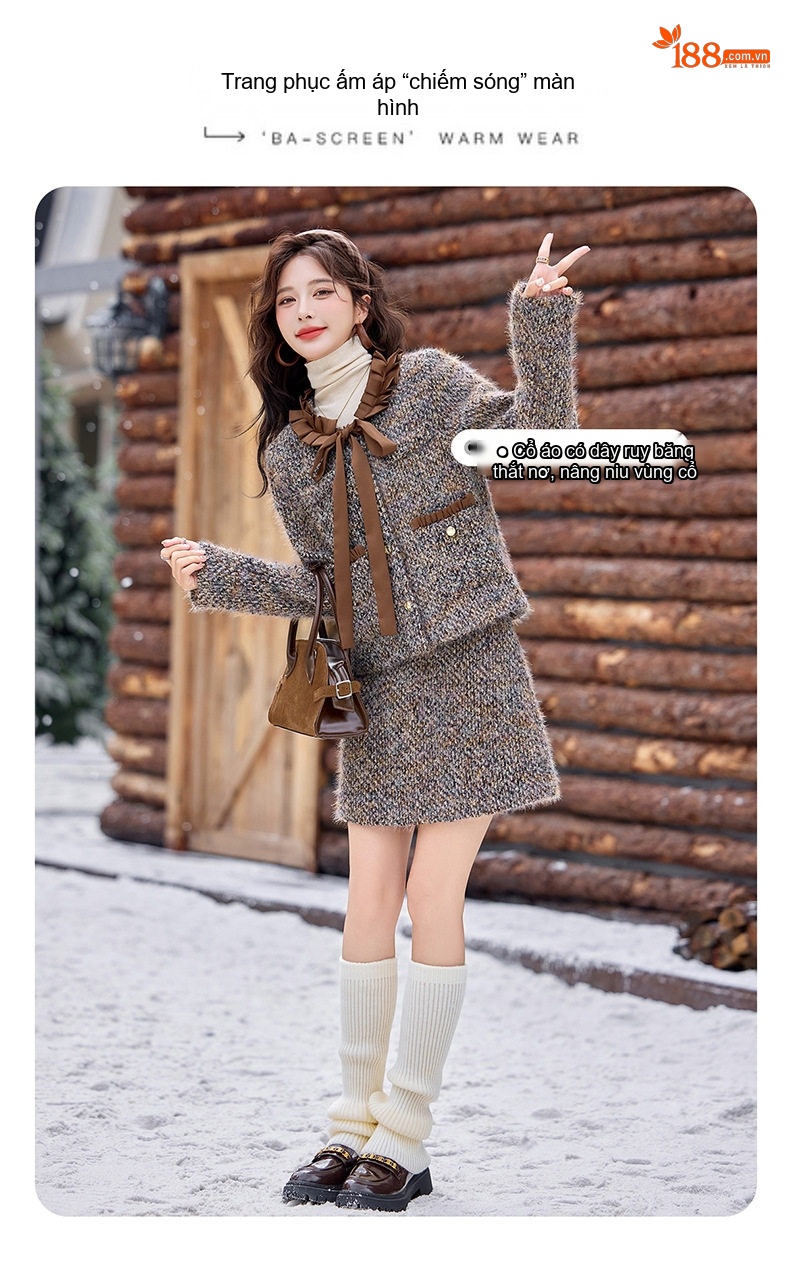 Set Áo Khoác Lông Và Chân Váy Ngắn Phong Cách Tiểu Thư Thanh Lịch Màu Nâu chi tiết 11