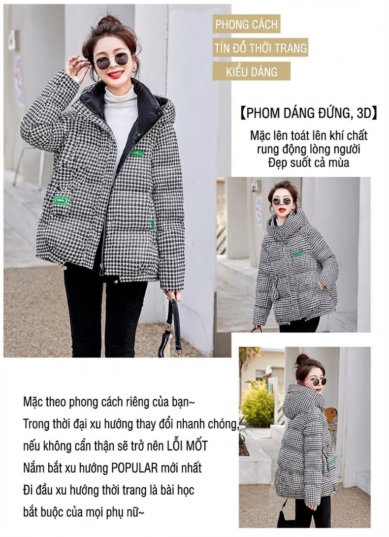 Áo Khoác Phao Nữ Cotton Kiểu Ngắn Thời Trang Màu Trắng Kem, Đen chi tiết 2