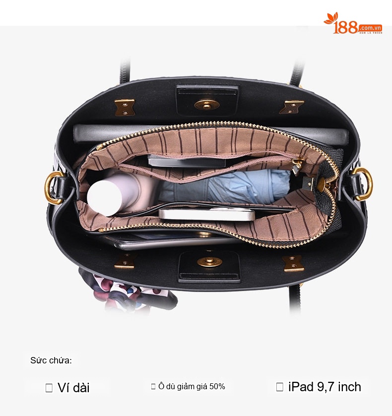 Túi Tote Nữ Da Bóng Quai Xách Tay Kiểu Thùng Nhỏ Đeo Chéo Màu Đen, Nâu chi tiết 3