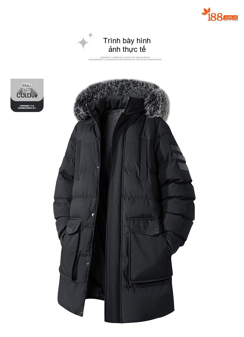 Áo Khoác Cotton Nam Dáng Dài Cỡ Lớn Mũ Trùm Đầu Có Thể Tháo Rời Lót Dày Màu Đen, Xanh Navy, Xanh Rêu chi tiết 13