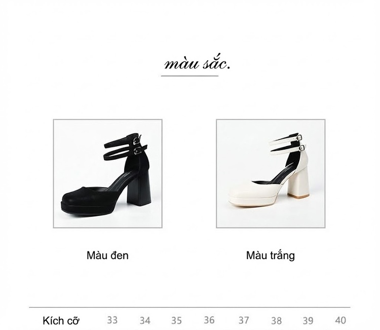 Giày Cao Gót Nữ Quai Mảnh Gót Vuông Chiều Cao Đế Khoảng 8cm Màu Đen, Trắng chi tiết 4