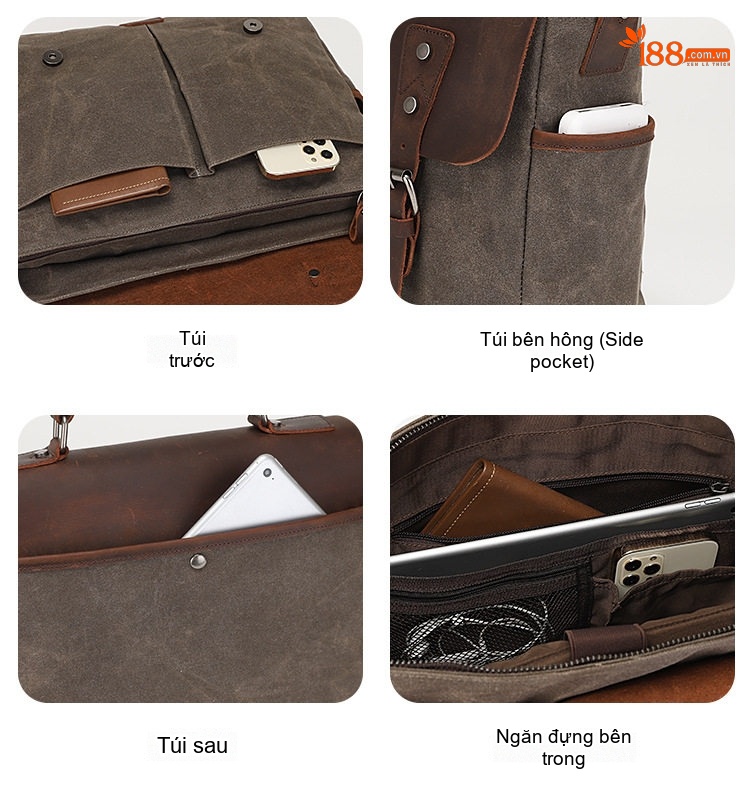 Túi Đeo Chéo Nam Nữ Da Thật Vải Canvas Phong Cách Retro chi tiết 8