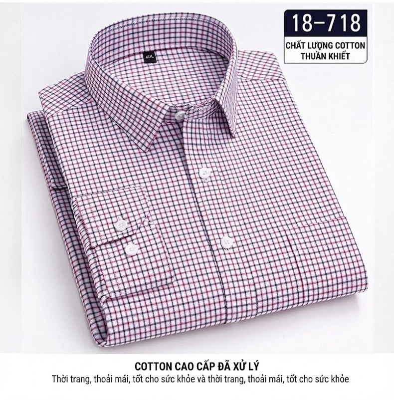 Áo Sơ Mi Nam Cotton Dài Tay Kẻ Caro Thời Trang Công Sở Thoải Mái Màu Đỏ, Xanh, Xám, Be... chi tiết 10