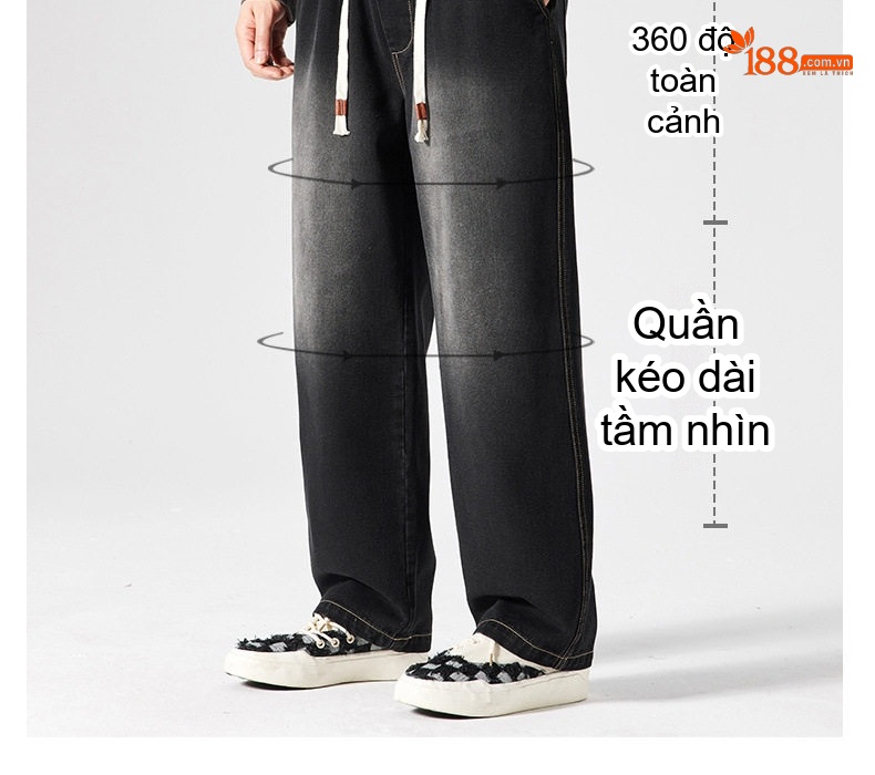 Quần Jean Nam Ống Rộng Retro Khóa Dây Rút Phong Cách Mỹ Màu Xanh, Đen chi tiết 2
