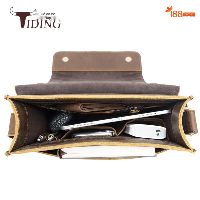 Túi Đeo Chéo Nam Da Bò Sáp Đựng Vừa Laptop, Ipad Phong Cách Retro Âu Mỹ