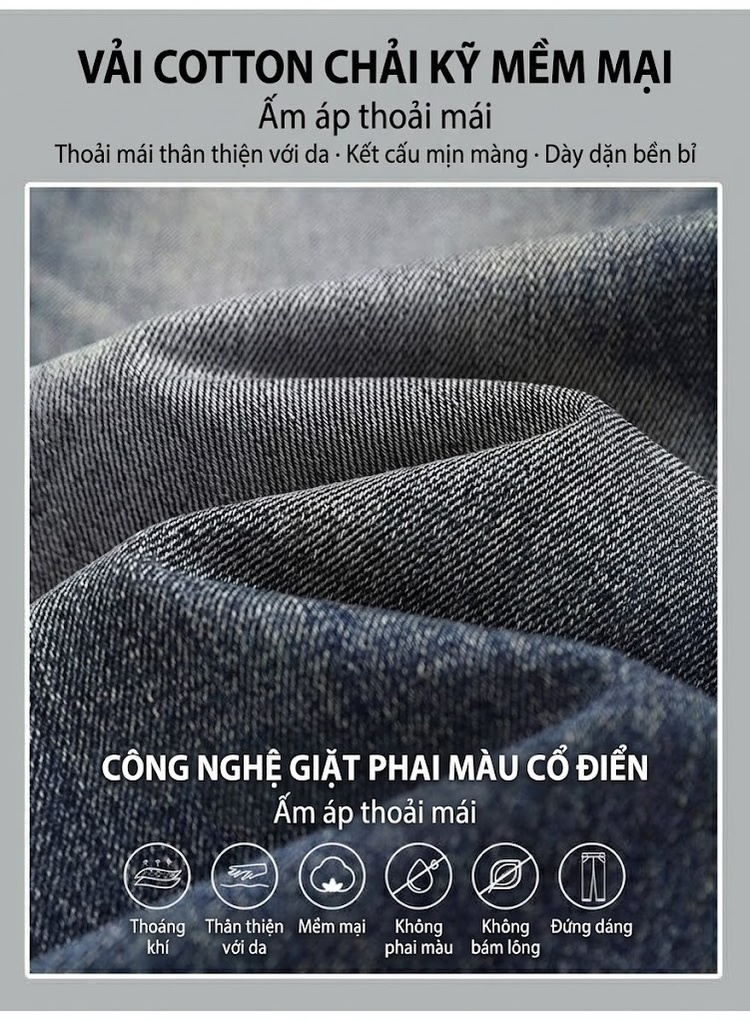 Quần Jean Nam Ống Đứng Co Giãn Vừa Vặn Phong Cách Retro Màu Xanh Denim chi tiết 3