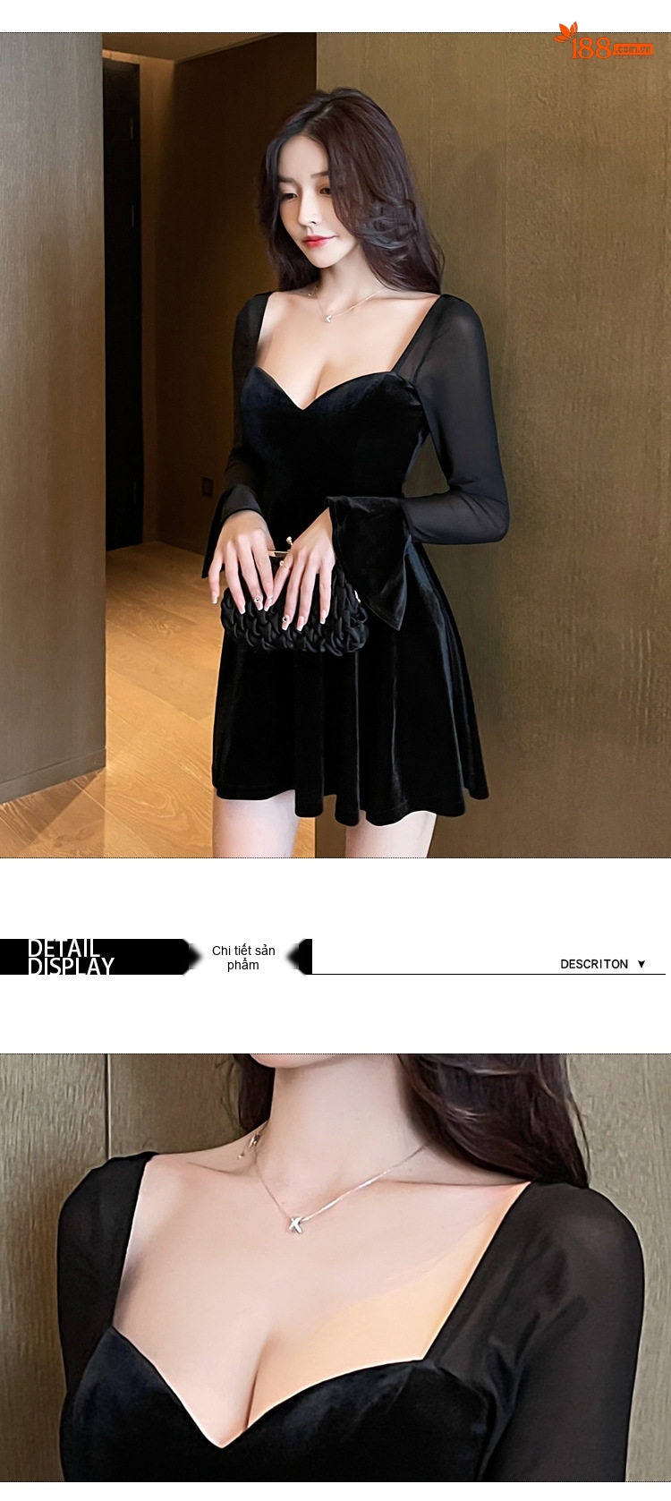 Đầm Nhung Ngắn Chữ A Cổ Chữ V Tay Dài Ôm Dáng Màu Đen chi tiết 10