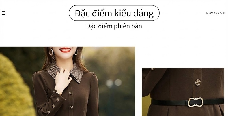 Váy Liền Thân Nữ Thu Đông dáng chữ A Chiết Eo Tay Dài Màu Nâu, Đen chi tiết 3