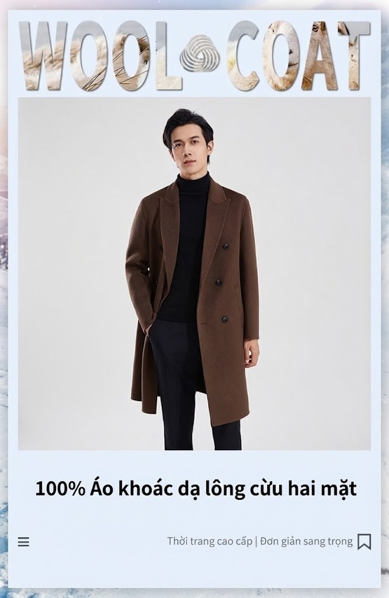 Áo Khoác Dạ Nam Lông Cừu Hai Mặt Dáng Dài Khuy Đôi Màu Nâu chi tiết 1