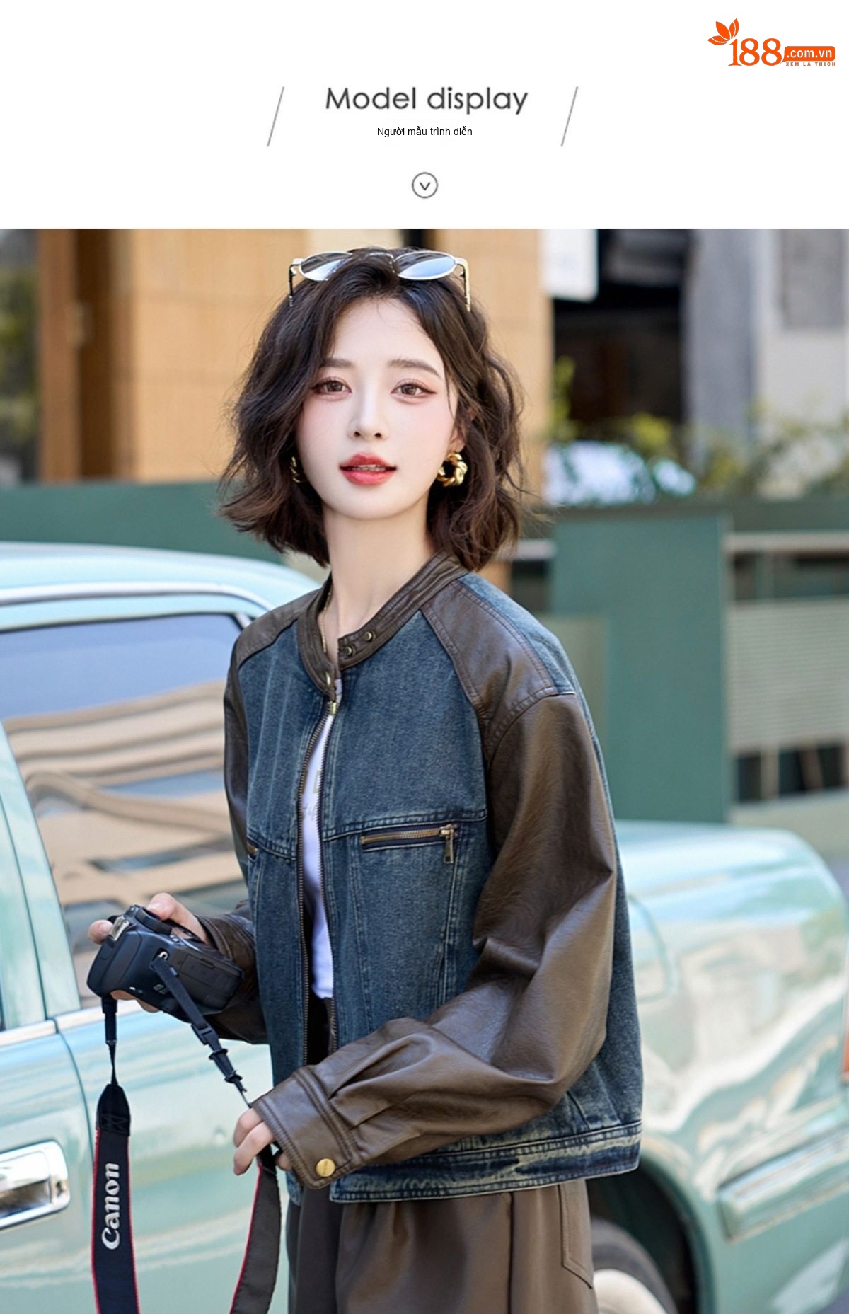 Áo Khoác Nữ Jean Phối Da Kiểu Retro Ngắn Tay Phong Cách Vintage Màu Xanh, Nâu chi tiết 10