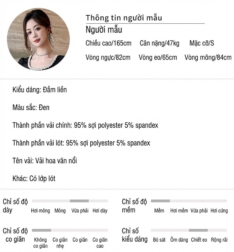 Váy liền thân Nữ Tiểu Thư Cổ chữ Vuông Tay Dài Đính Hạt Eo Thon Họa Tiết Màu Đen chi tiết 2