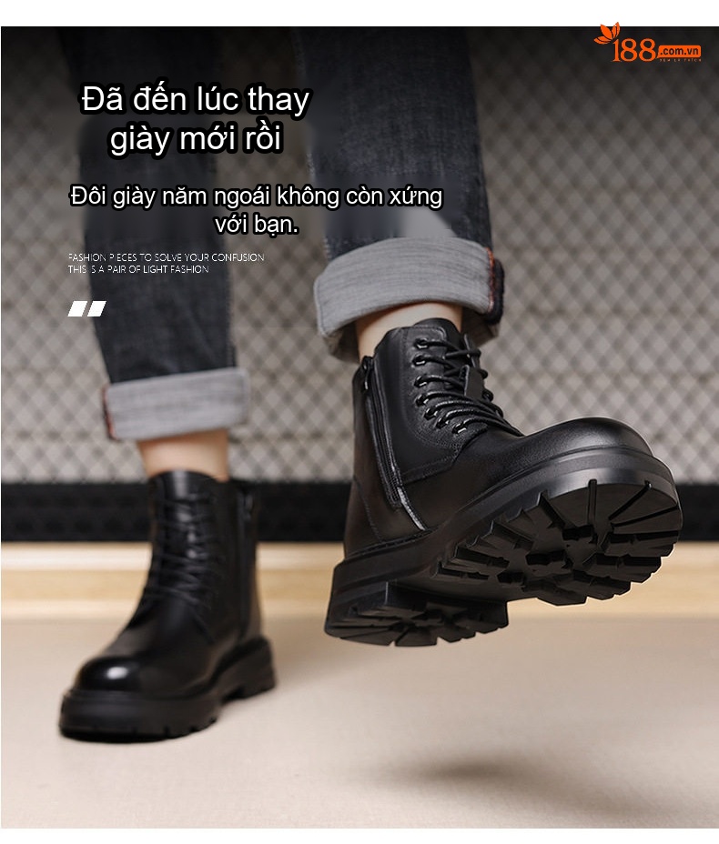 Giày Boot Martin Nam Da Thật Lót Lông Cừu Dày Dặn Chiều Cao Đế Khoảng 4cm Màu Đen chi tiết 10