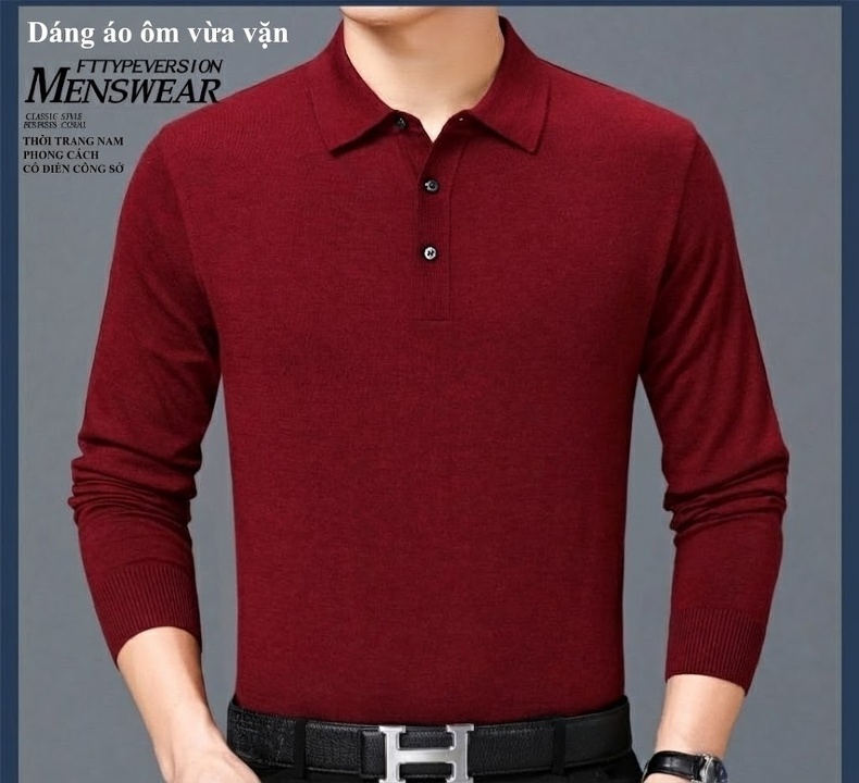 Áo Thun Polo Nam Dài Tay Cashmere Dáng Ôm Vừa Vặn Màu Đen, Đỏ, Xanh Dương, Xám... chi tiết 12