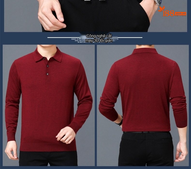 Áo Thun Polo Nam Dài Tay Cashmere Dáng Ôm Vừa Vặn Màu Đen, Đỏ, Xanh Dương, Xám... chi tiết 13