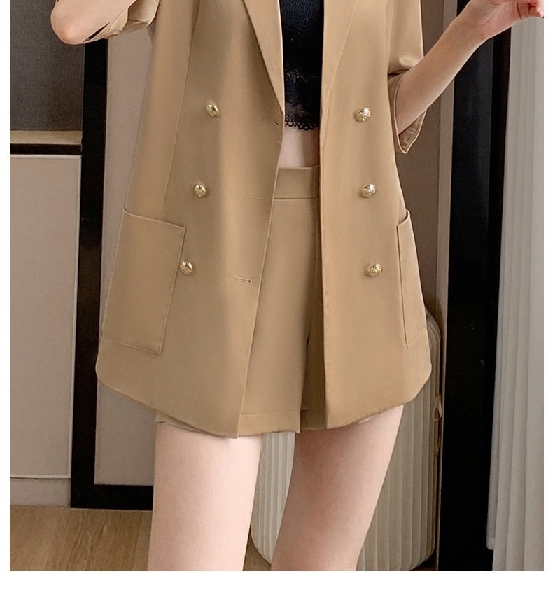 Bộ Vest Nữ Mùa Hè Áo Blazer Tay Lỡ Quần Short Ống Rộng Màu Xanh Lá, Kaki chi tiết 5