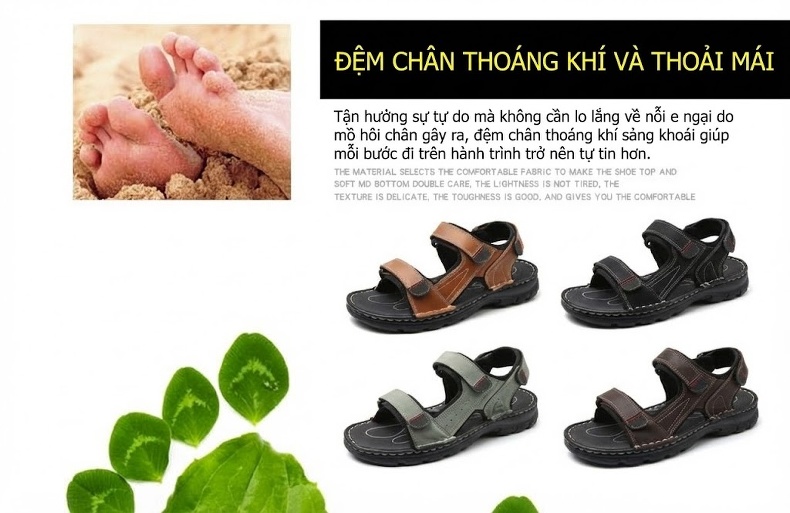 Dép Sandal Nam Xỏ Ngón Da Mờ Quai Dán Chiều Cao Đế Khoảng 3cm Màu Đen, Nâu, Xám, Rêu... chi tiết 7