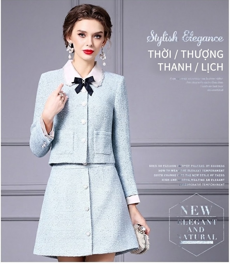 Bộ Quần Áo Nữ Váy Ngắn Áo Khoác Tay Dài Họa Tiết Hoa Trà Phong Cách Thanh Lịch Màu Xanh chi tiết 17