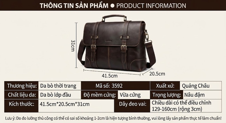 Túi Đeo Vai Nam Da Thật Phong Cách Retro Đựng Laptop 15.6 Inch Màu Nâu chi tiết 2