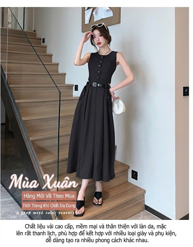 Váy liền thân Nữ Không Tay Thiết Kế Áo Vest Giả Kèm Chân Váy Xếp Ly Màu Xám, Đen chi tiết 2